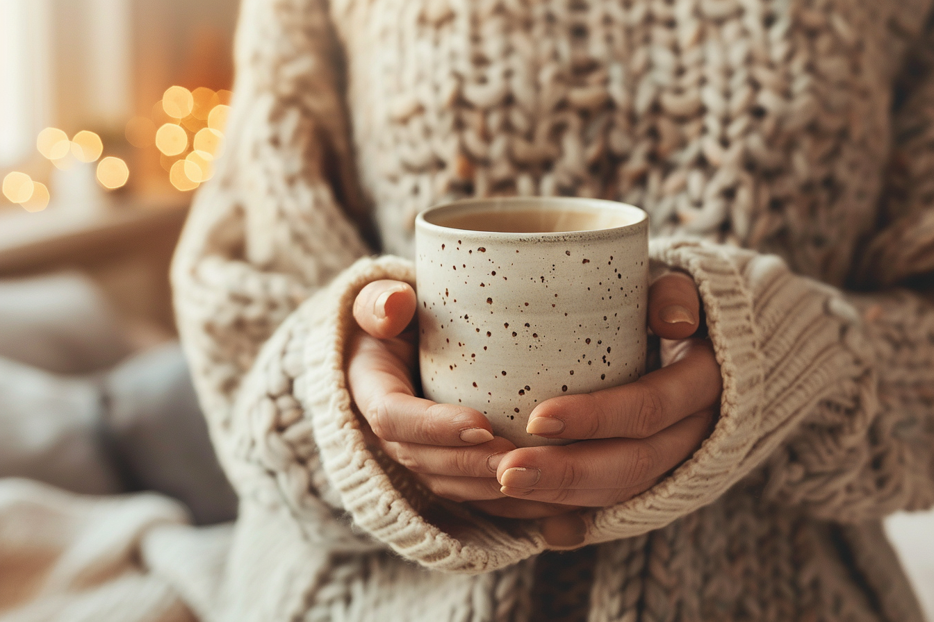 Hands wrapped around ceramic coffee