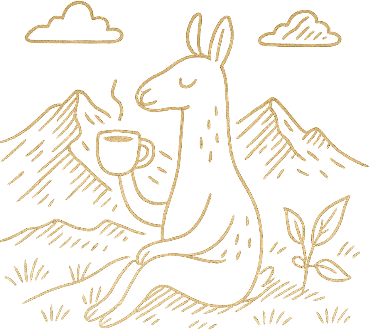 Line illustration of a llama holding a cup of coffee among mountains and clouds