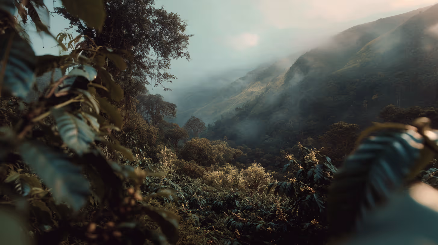 Misty coffee hillside at dawn